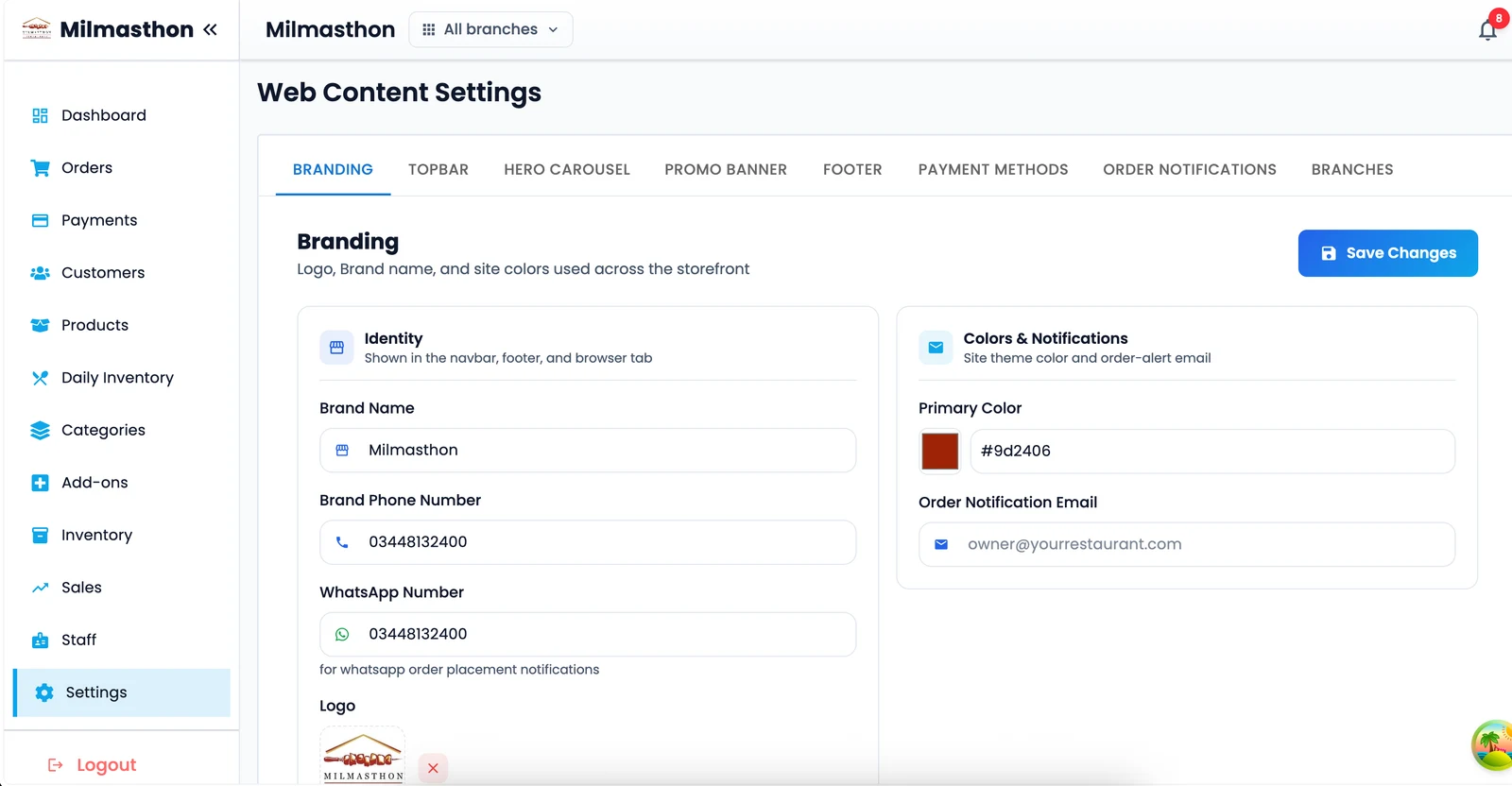 Branding settings with brand name, logo upload and the storefront's primary colour