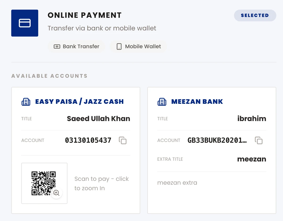 Checkout showing the restaurant's own EasyPaisa, JazzCash and Meezan Bank accounts with a scannable QR code